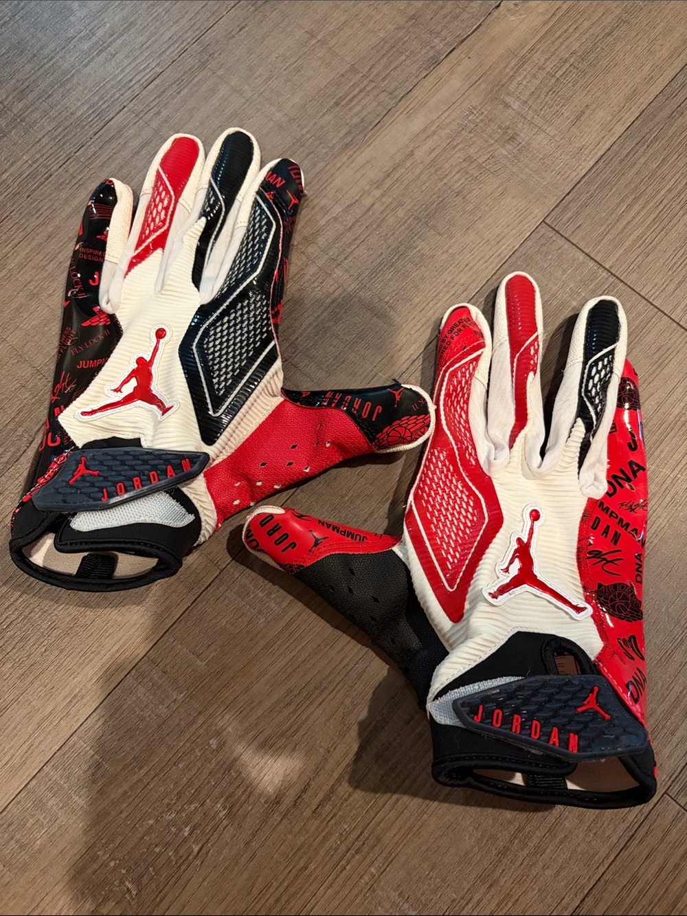 Jordan Red White Black Athletic Football Gloves with Jumpman. Size M
